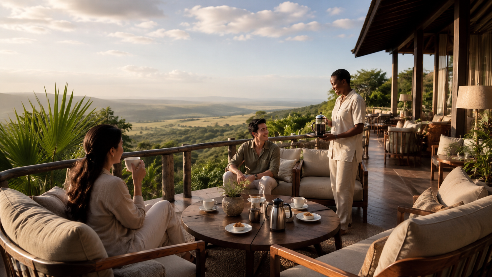 Guests relaxing at a scenic lodge terrace